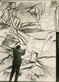 Johan Thorn Prikker (1868-1932) während der Arbeit am Wandgemälde „Lebensalter“ im Kaiser Wilhelm Museum, 1923, Foto: unbekannt