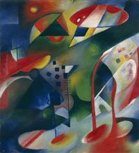 Georg Muche 
Fließendes Rot (Komposition vor blauem Grund), 1916
Öl auf Leinwand, 83 × 75,5 cm           
Kunstmuseen Krefeld