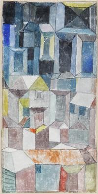 Paul Klee 
Stadt emporwachsend, sich verdüsternd, 1915
Aquarell auf Kupferdruckpapier mit Grund aus Tempera und Zinkweiß, auf Karton mon-tiert, 24,6 × 12,2 cm        
Kunstmuseen Krefeld