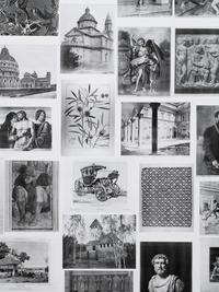 Marcel Odenbach  
Ohne Titel, 2020  
Rauminstallation (Detail)  
Fotokopien, Tische, Vitrine, Gemälde  
Courtesy M. Odenbach, Kunstmuseen Krefeld  
© VG Bild-Kunst, Bonn 2020  
Foto: Dirk Rose