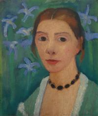 Paula Modersohn-Becker  
Selbstbildnis vor grünem Hintergrund mit blauer Iris, 1900-1907  
Öl auf Leinwand, 40,7 × 34,5 cm  
Kunsthalle Bremen – Der Kunstverein in Bremen