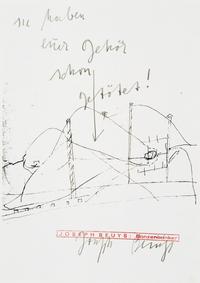 Joseph Beuys, Bonzenbunker, 1981, Offsetdruck nach Fotokopie mit Bleistift und Stempel auf leichtem Karton, Kunstmuseen Krefeld, © VG Bild-Kunst, Bonn 2021