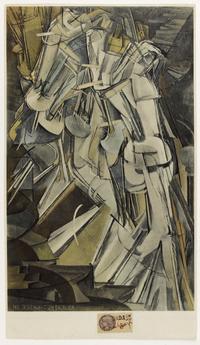 Marcel Duchamp, Nu descendant un escalier (Akt, eine Treppe herabsteigend), 1937, Kollotypie und Pochoir auf Papier, 35 × 19,8 cm, Staatliche Schlösser, Gärten und Kunstsammlungen Mecklenburg-Vorpommern, Staatliches Museum Schwerin, © Association Marcel Duchamp, ADAGP, Paris / VG Bild-Kunst, Bonn 2021, Foto: Staatliche Schlösser, Gärten und Kunstsammlungen Mecklenburg-Vorpommern, Staatliches Museum Schwerin / Fotoagentur nordlicht
