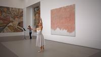 Jannis Kounellis  
Senza Titolo (Da inventare sul posto), 1972  
Öl auf Leinwand, Violinist/-in, Ballerina, Partitur aus La Pulcinella von Igor Strawinsky  
Gemälde: 270 × 300 cm  
Sammlung Viehof, ehemals Sammlung Speck  
Aktivierung zur Ausst. ON AIR. Der Klang des Materials in der Kunst der 1950er bis 1970er Jahre, Kunstmuseen Krefeld, 2022  
© VG Bild-Kunst, Bonn 2022  
Foto: Dirk Rose / Kunstmuseen Krefeld